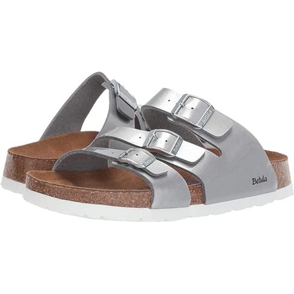 Birkenstock Bethia Metallic Silver Triple-Buckle Sandals